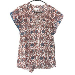 House of Harlow 1960 Marble Rust Short Ruffle Sleeve Blouse Smocking Buttons M